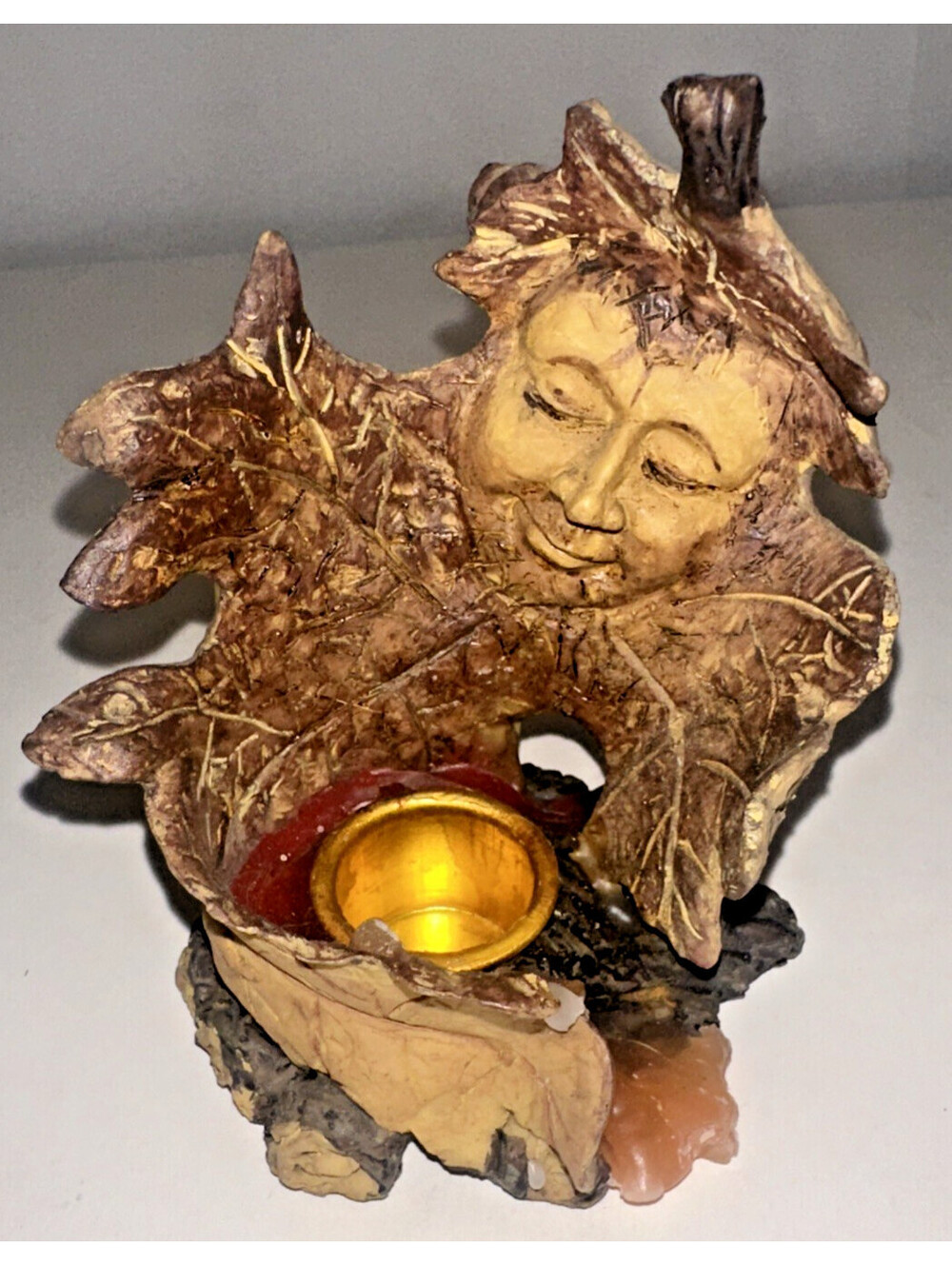 Vintage Oak Leaf Whimsical Leaf Face Woodland Candle Holder 90's Innovation Rare